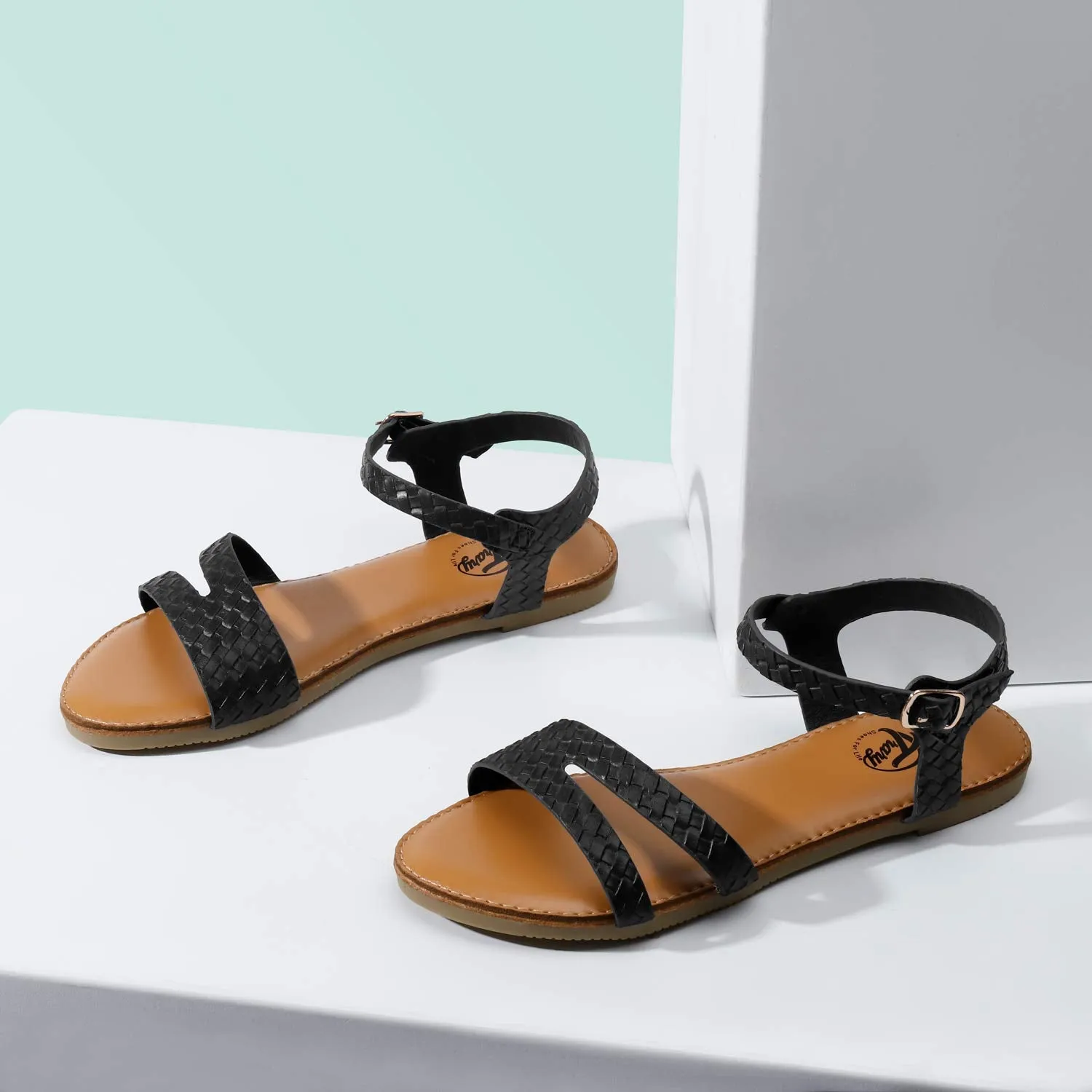 Ankle Strap Leather Flat Sandals