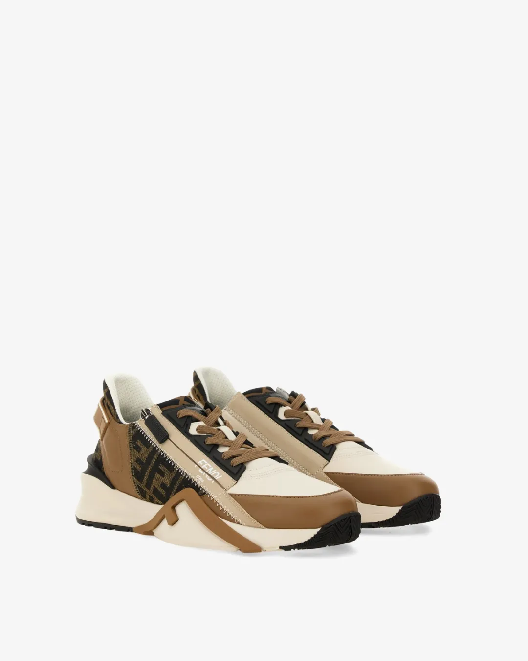 Fendi Flow Sneakers Brown Leather and Brown FF Jacquard