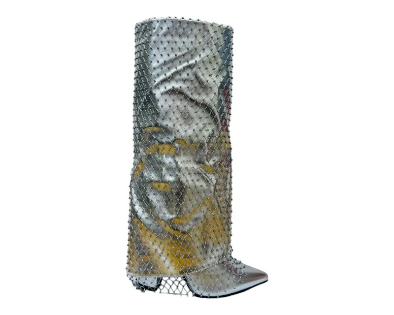 Fold Over Kneel High Diamante Fishnet Boots