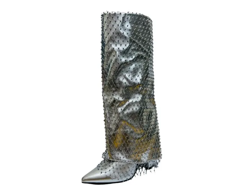 Fold Over Kneel High Diamante Fishnet Boots
