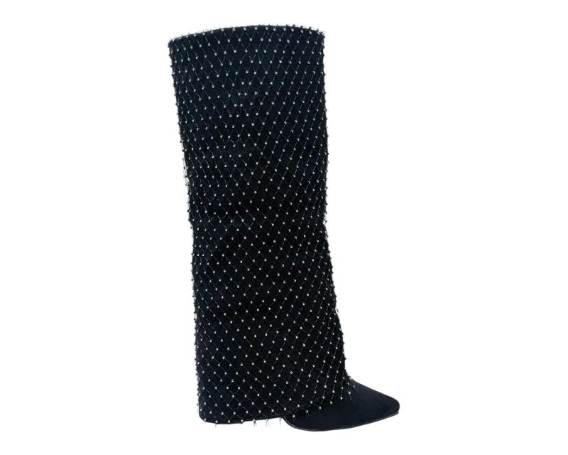 Fold Over Kneel High Diamante Fishnet Boots