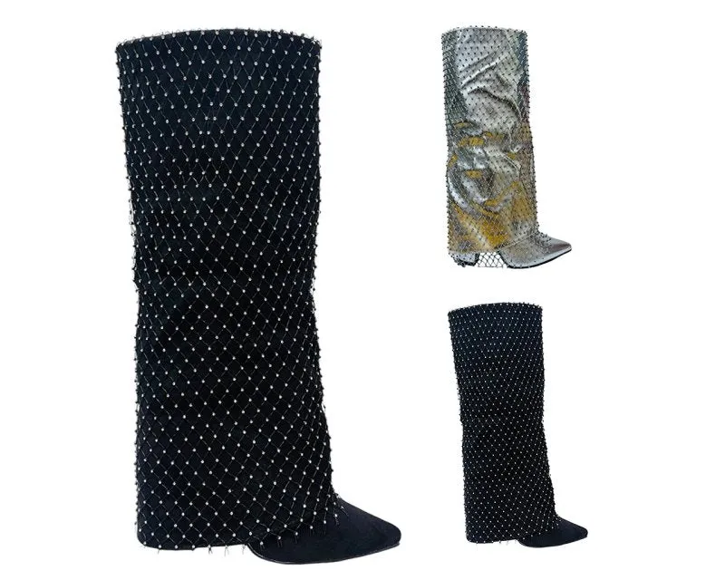 Fold Over Kneel High Diamante Fishnet Boots