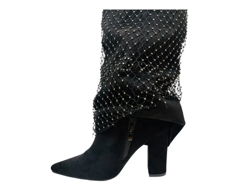 Fold Over Kneel High Diamante Fishnet Boots