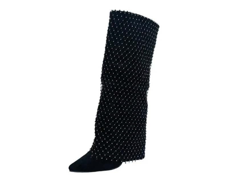 Fold Over Kneel High Diamante Fishnet Boots