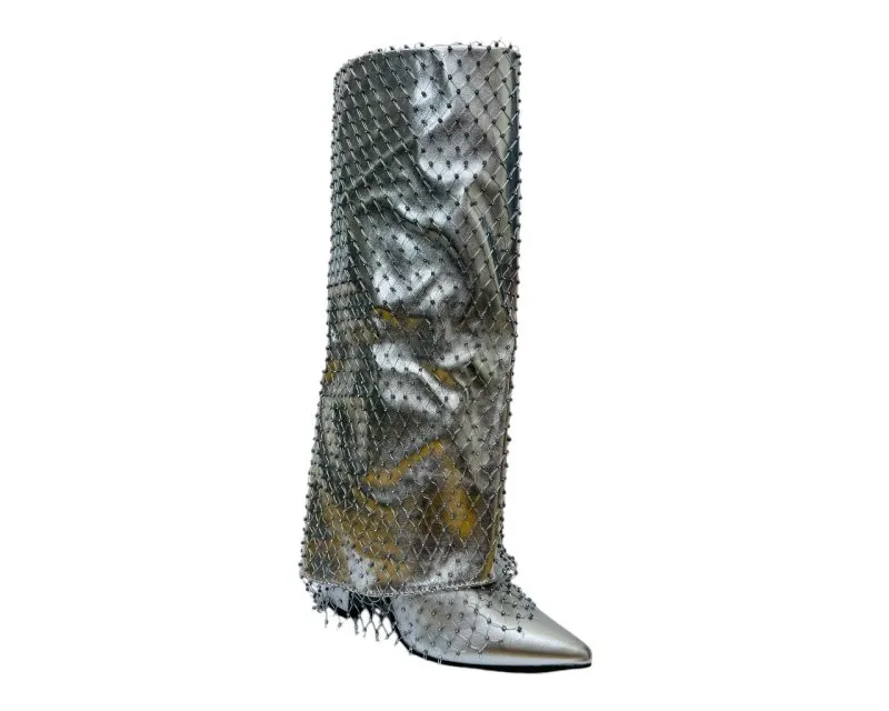 Fold Over Kneel High Diamante Fishnet Boots