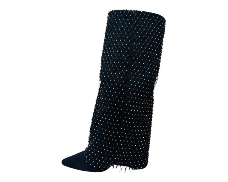 Fold Over Kneel High Diamante Fishnet Boots