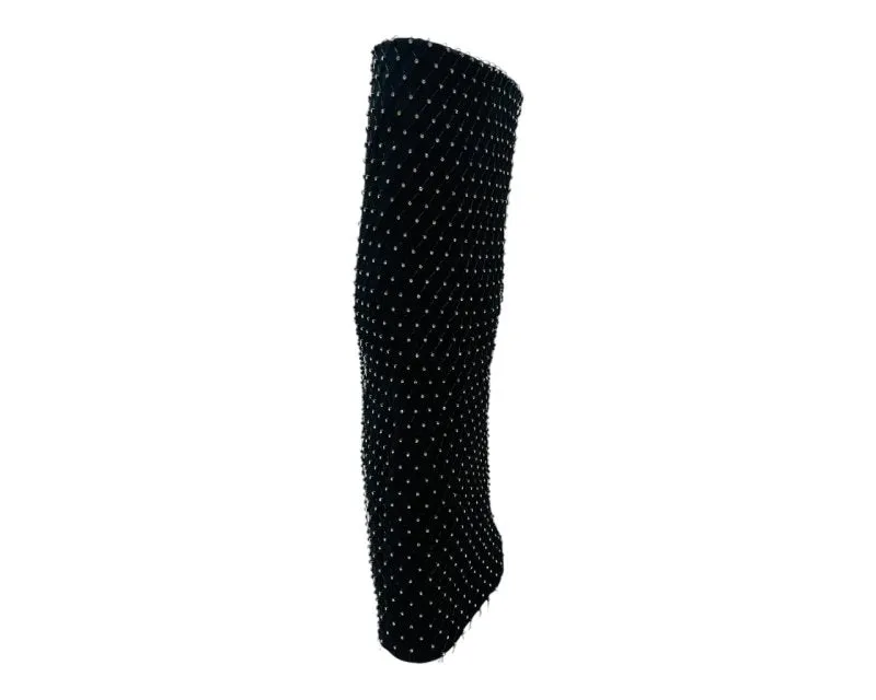 Fold Over Kneel High Diamante Fishnet Boots