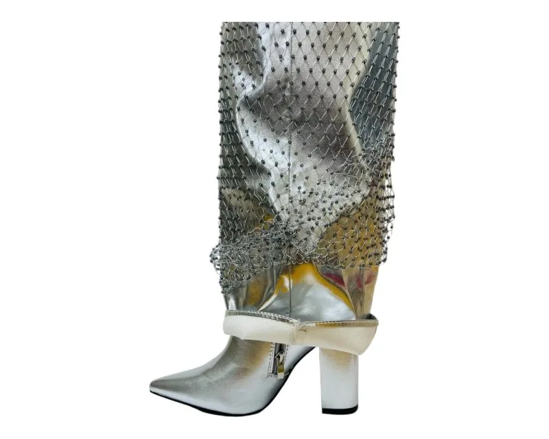Fold Over Kneel High Diamante Fishnet Boots
