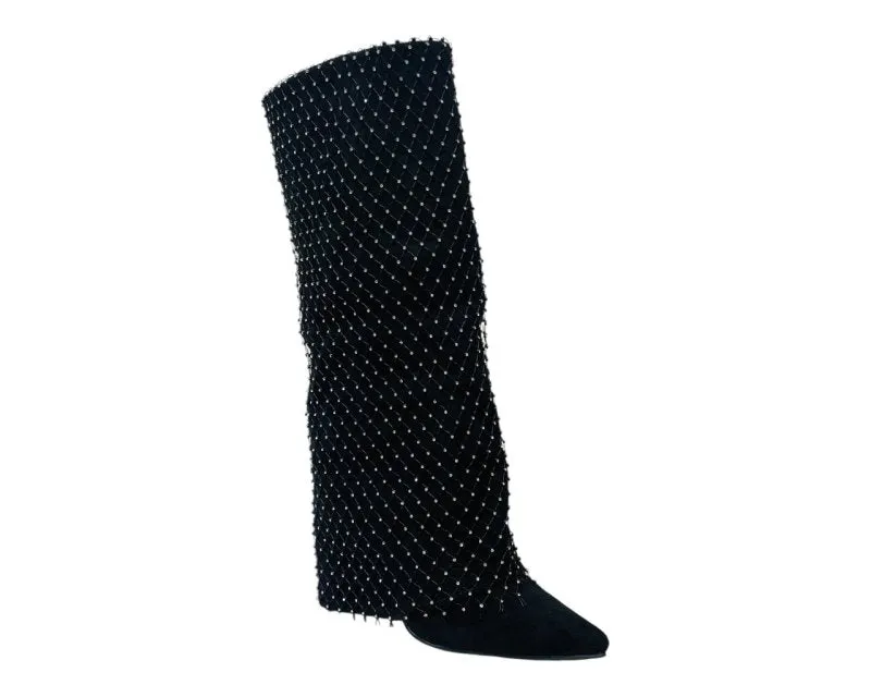 Fold Over Kneel High Diamante Fishnet Boots
