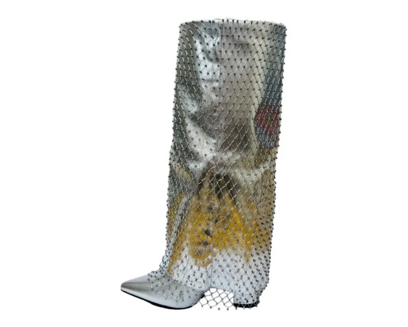 Fold Over Kneel High Diamante Fishnet Boots