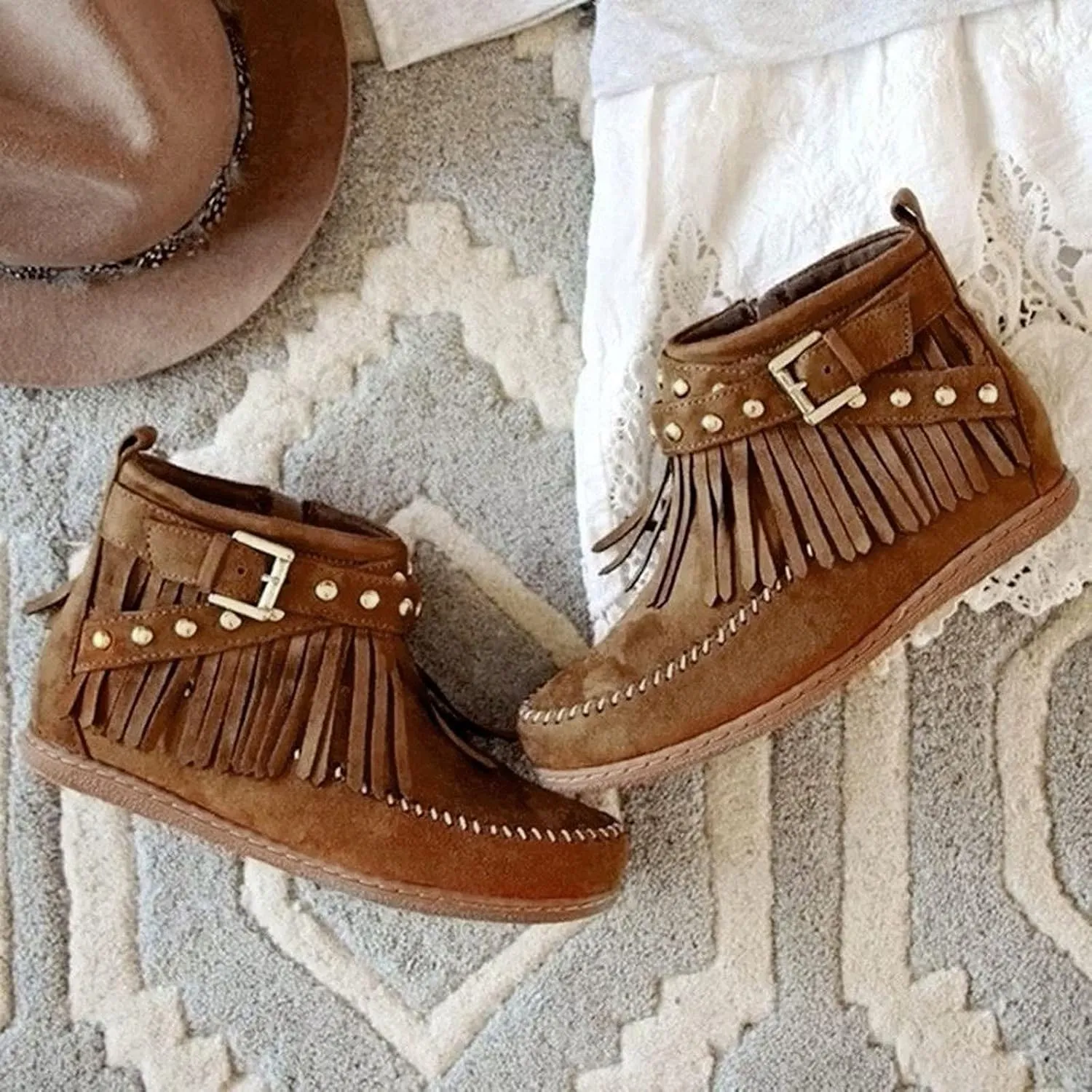 Fringe Cowboy Boots For Women Suede Ankle Boots Slouch Moccasin Boots Low Heel Western Short Boots with Zipper
