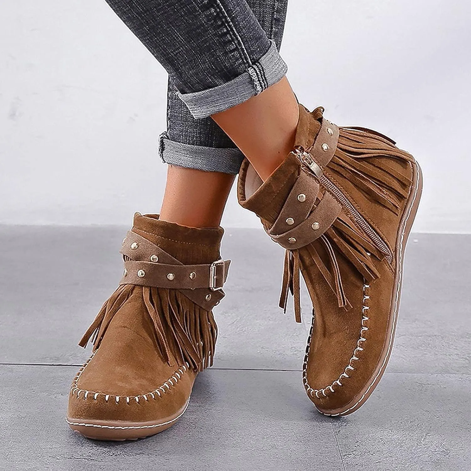 Fringe Cowboy Boots For Women Suede Ankle Boots Slouch Moccasin Boots Low Heel Western Short Boots with Zipper
