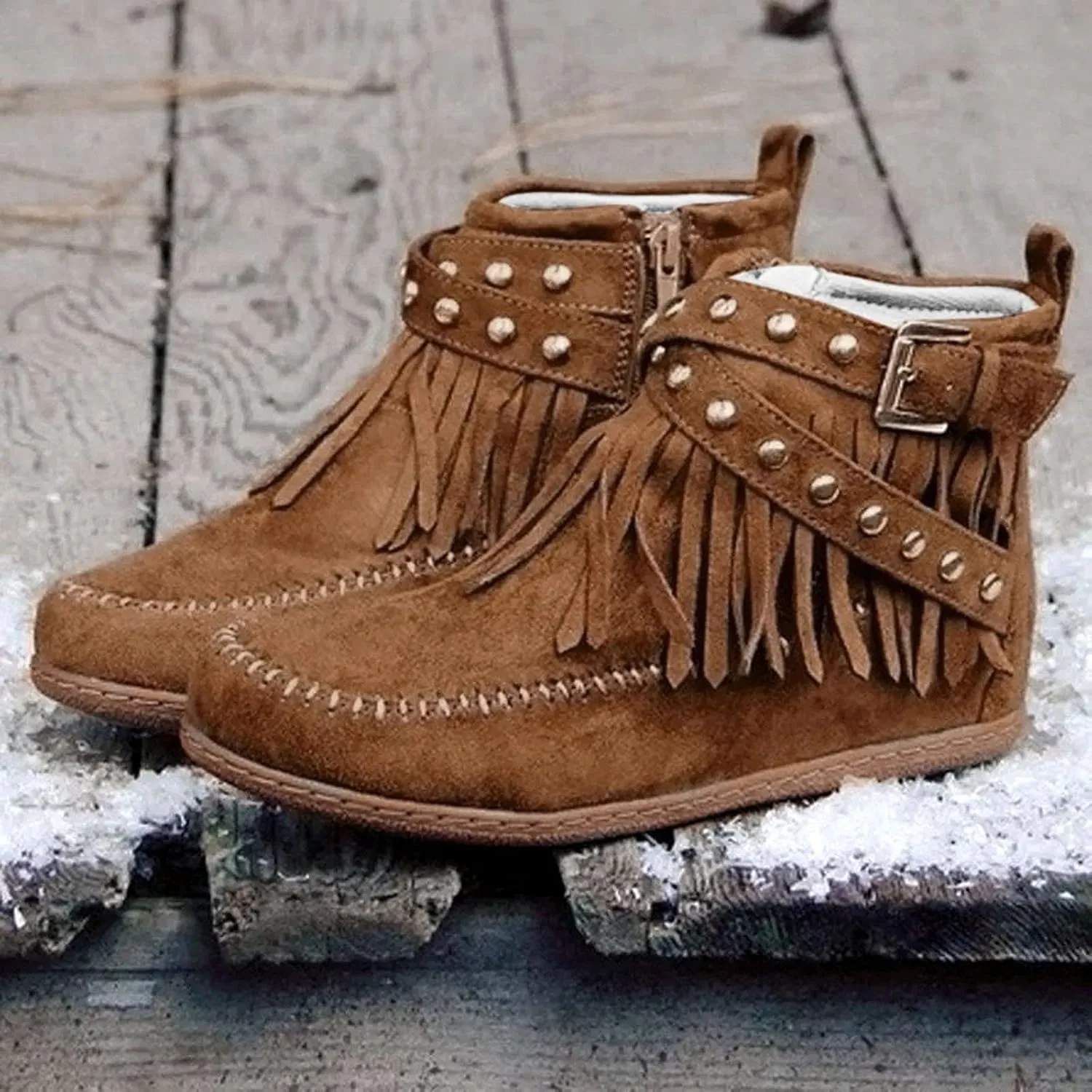 Fringe Cowboy Boots For Women Suede Ankle Boots Slouch Moccasin Boots Low Heel Western Short Boots with Zipper