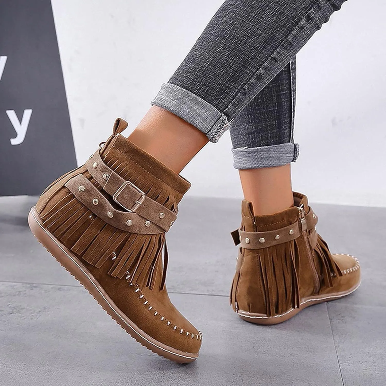 Fringe Cowboy Boots For Women Suede Ankle Boots Slouch Moccasin Boots Low Heel Western Short Boots with Zipper