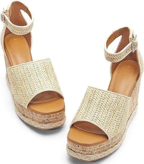 Summer White Ankle Strap Cork Sole Wedge Sandals