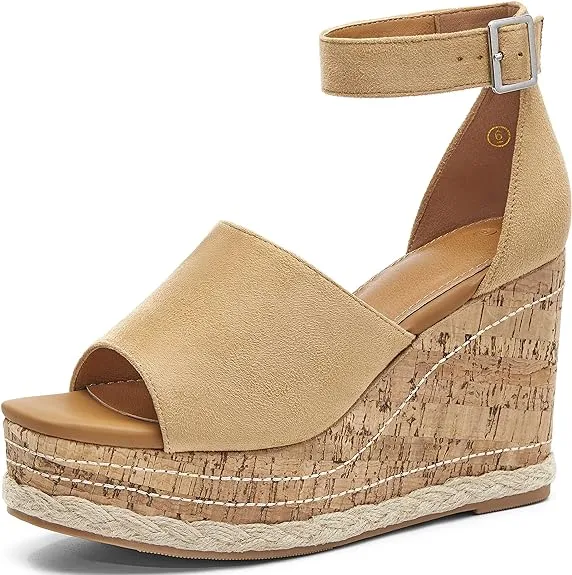 Summer White Ankle Strap Cork Sole Wedge Sandals
