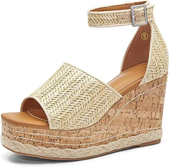 Summer White Ankle Strap Cork Sole Wedge Sandals