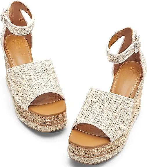 Summer White Ankle Strap Cork Sole Wedge Sandals