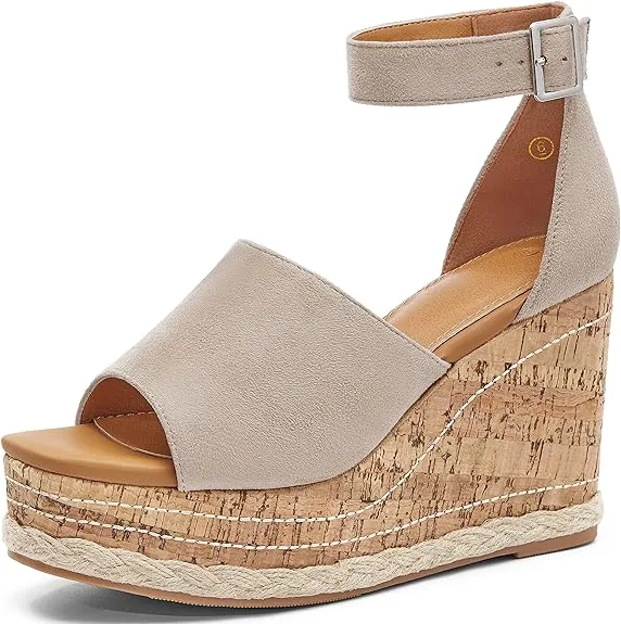 Summer White Ankle Strap Cork Sole Wedge Sandals