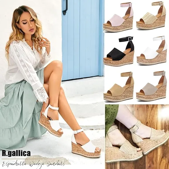 Summer White Ankle Strap Cork Sole Wedge Sandals