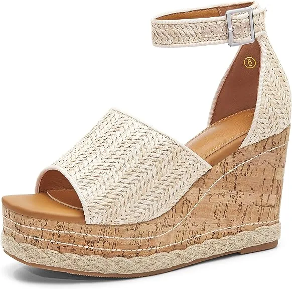 Summer White Ankle Strap Cork Sole Wedge Sandals