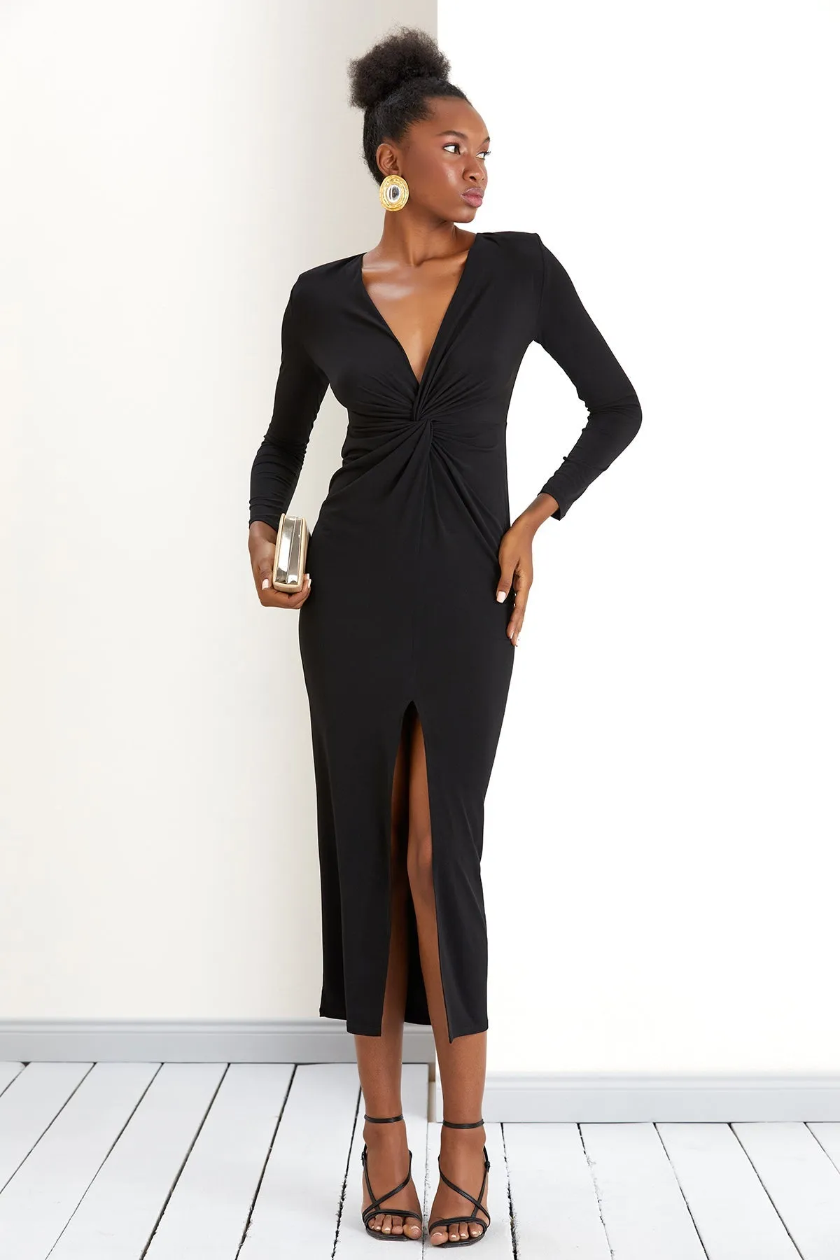Timeless Black Classic Long Sleeve Twist Maxi Dress