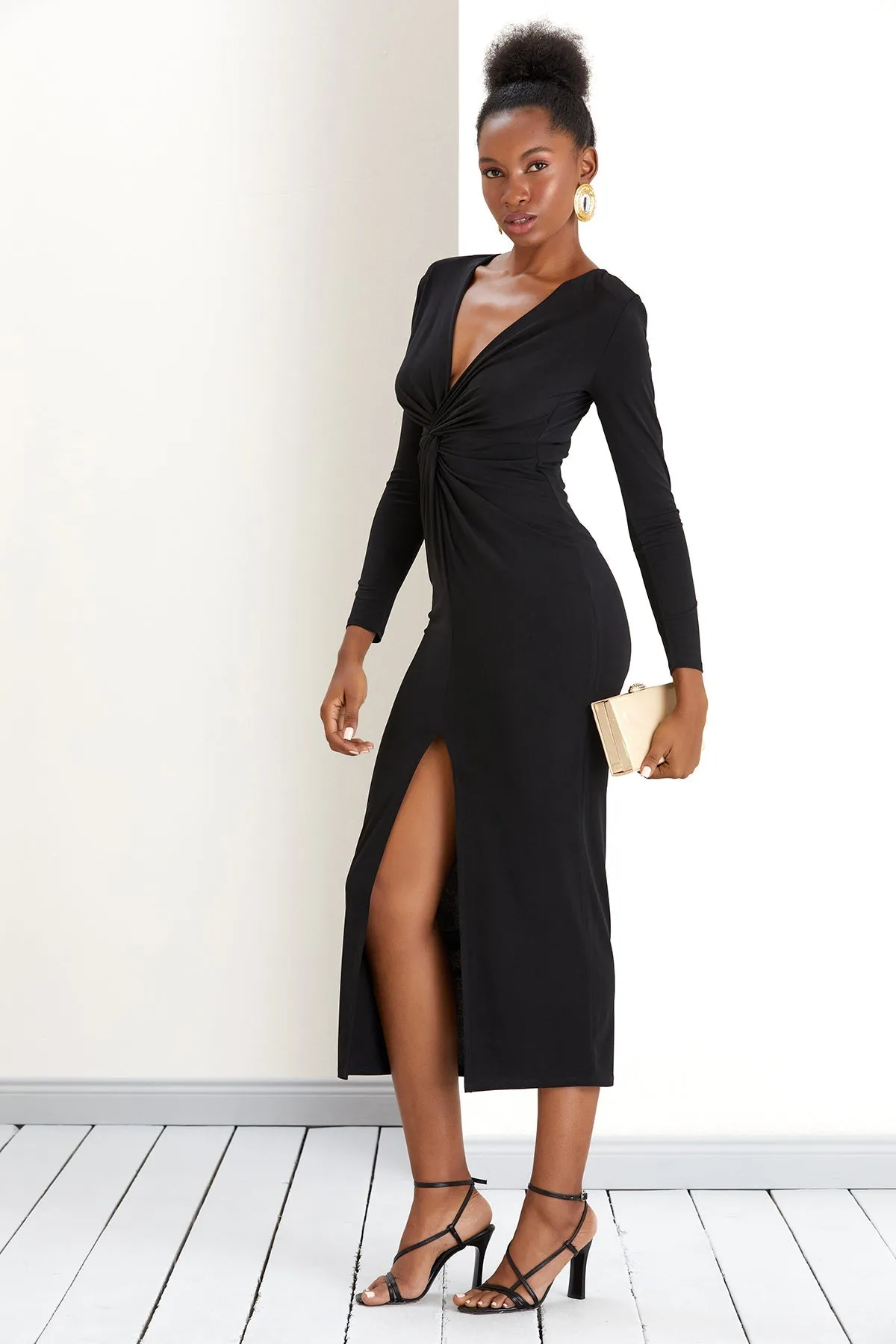 Timeless Black Classic Long Sleeve Twist Maxi Dress