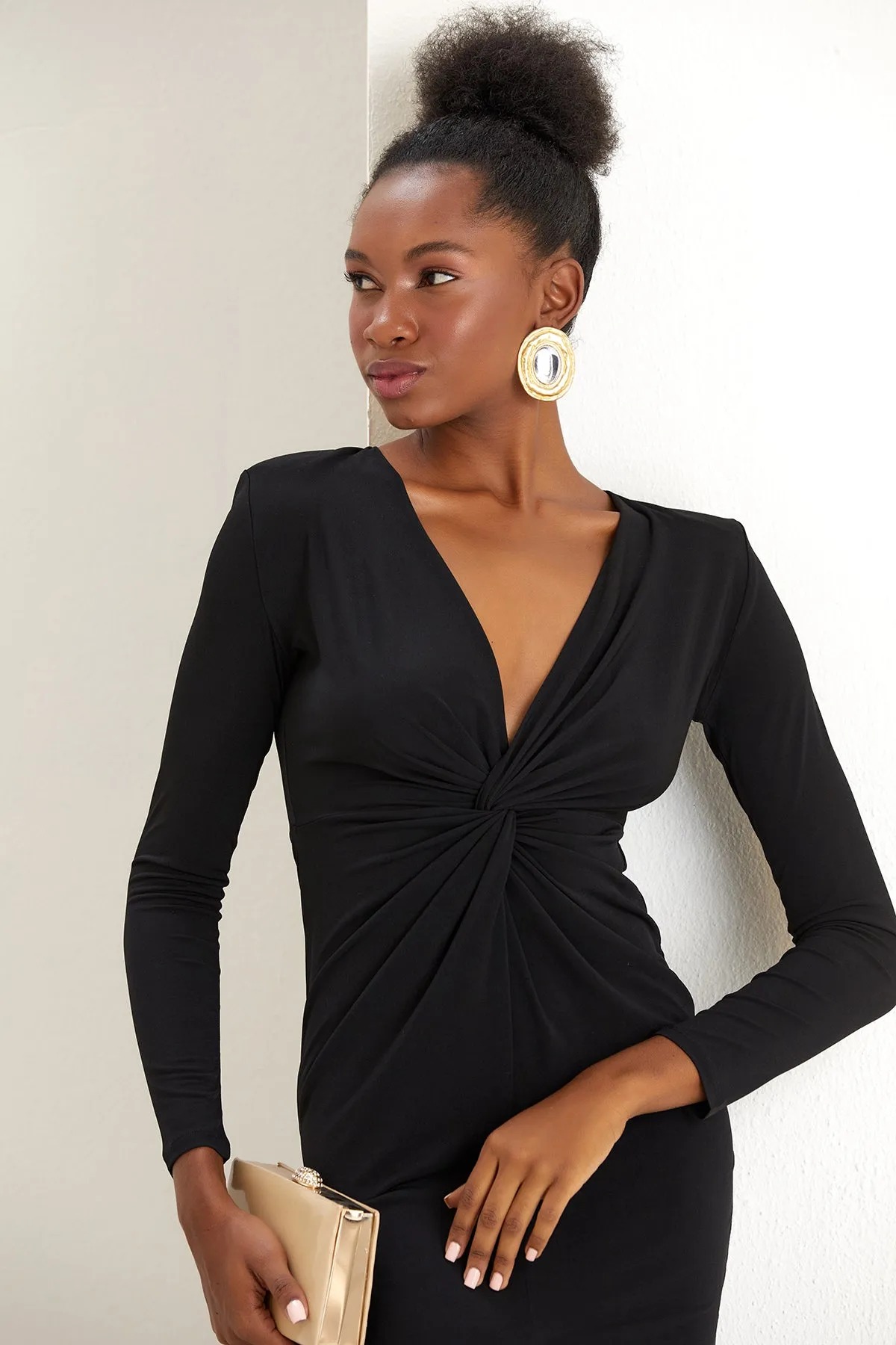 Timeless Black Classic Long Sleeve Twist Maxi Dress