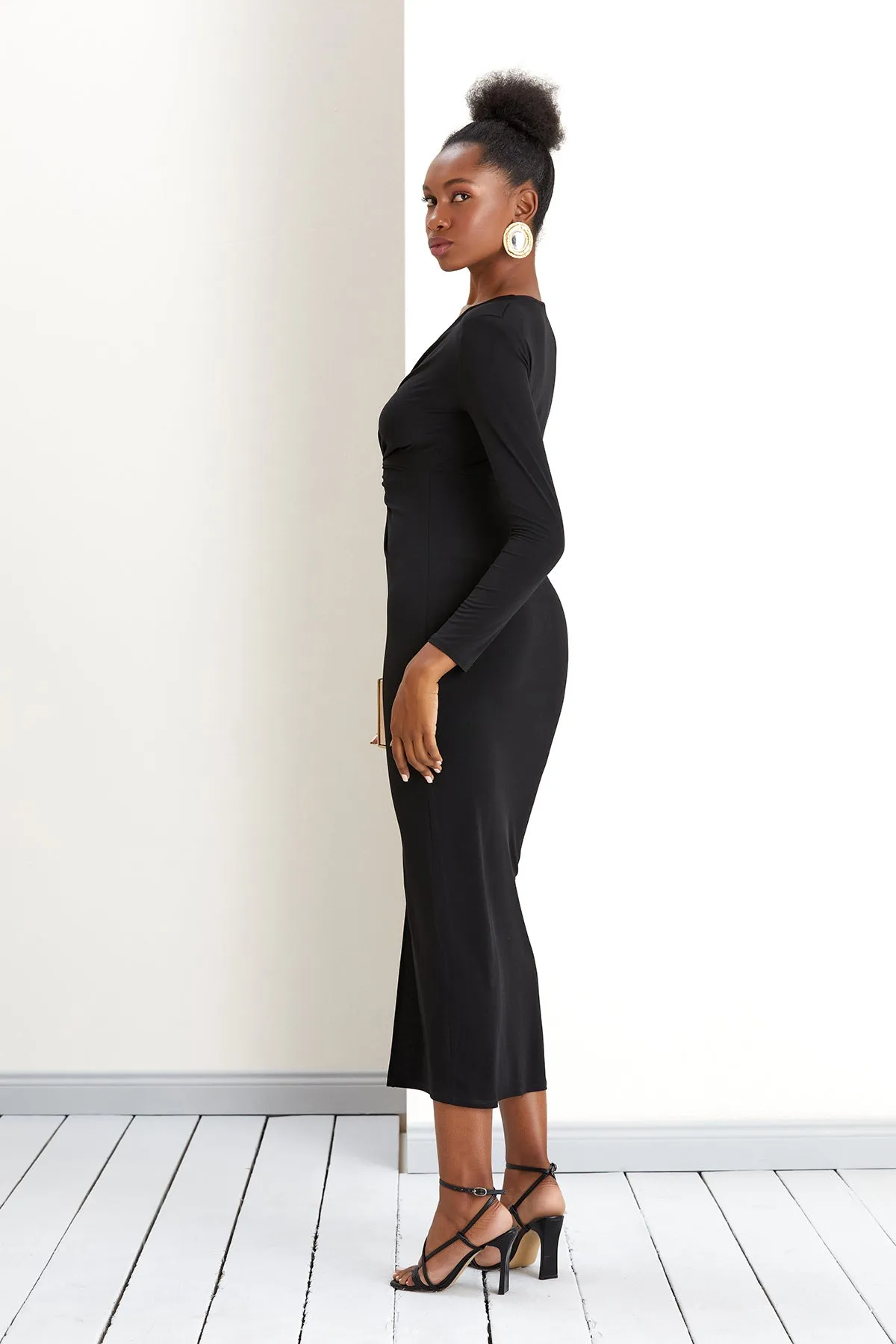 Timeless Black Classic Long Sleeve Twist Maxi Dress