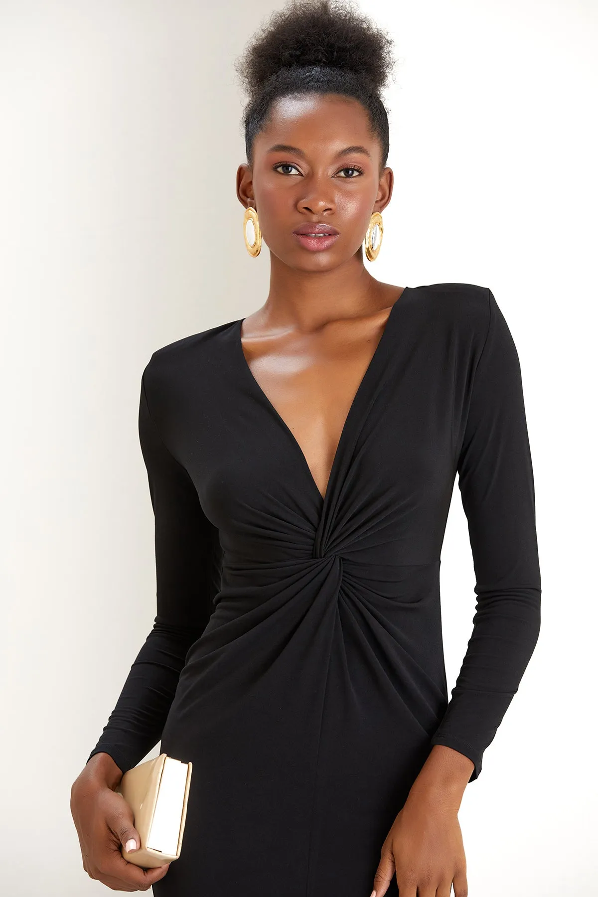 Timeless Black Classic Long Sleeve Twist Maxi Dress
