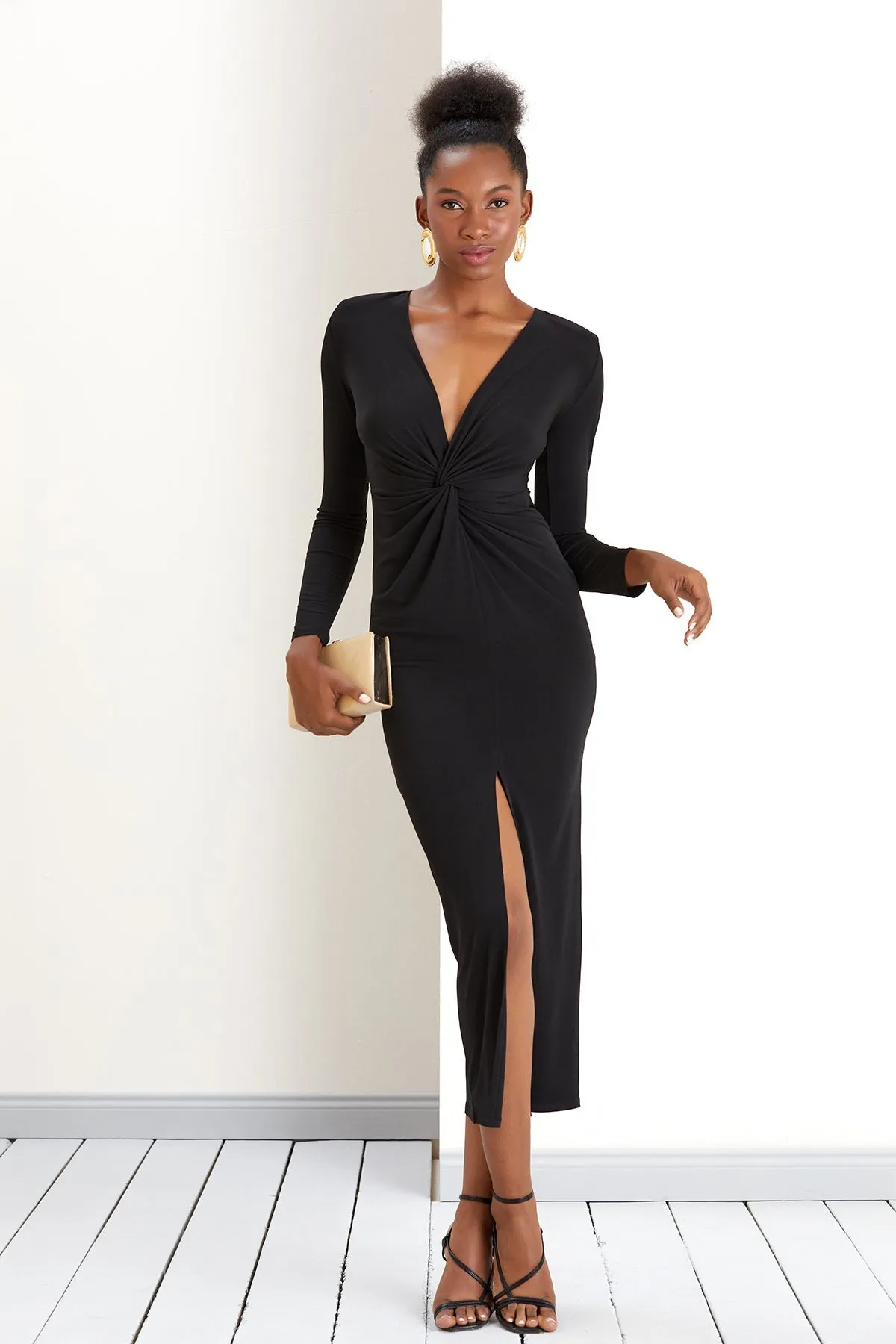 Timeless Black Classic Long Sleeve Twist Maxi Dress