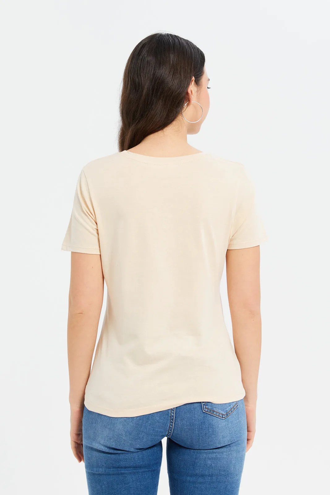 Women Beige Foil Printed T-Shirt