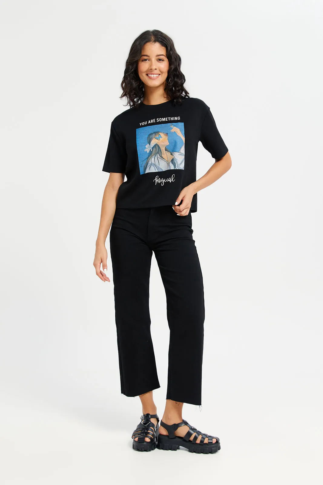 Women Black Embellished T-Shirt