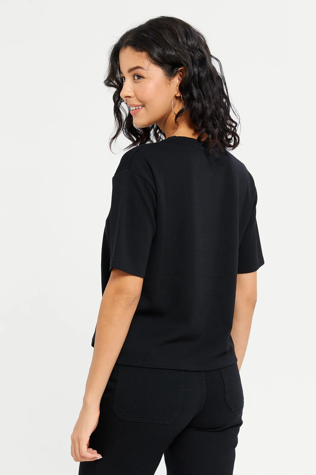 Women Black Embellished T-Shirt