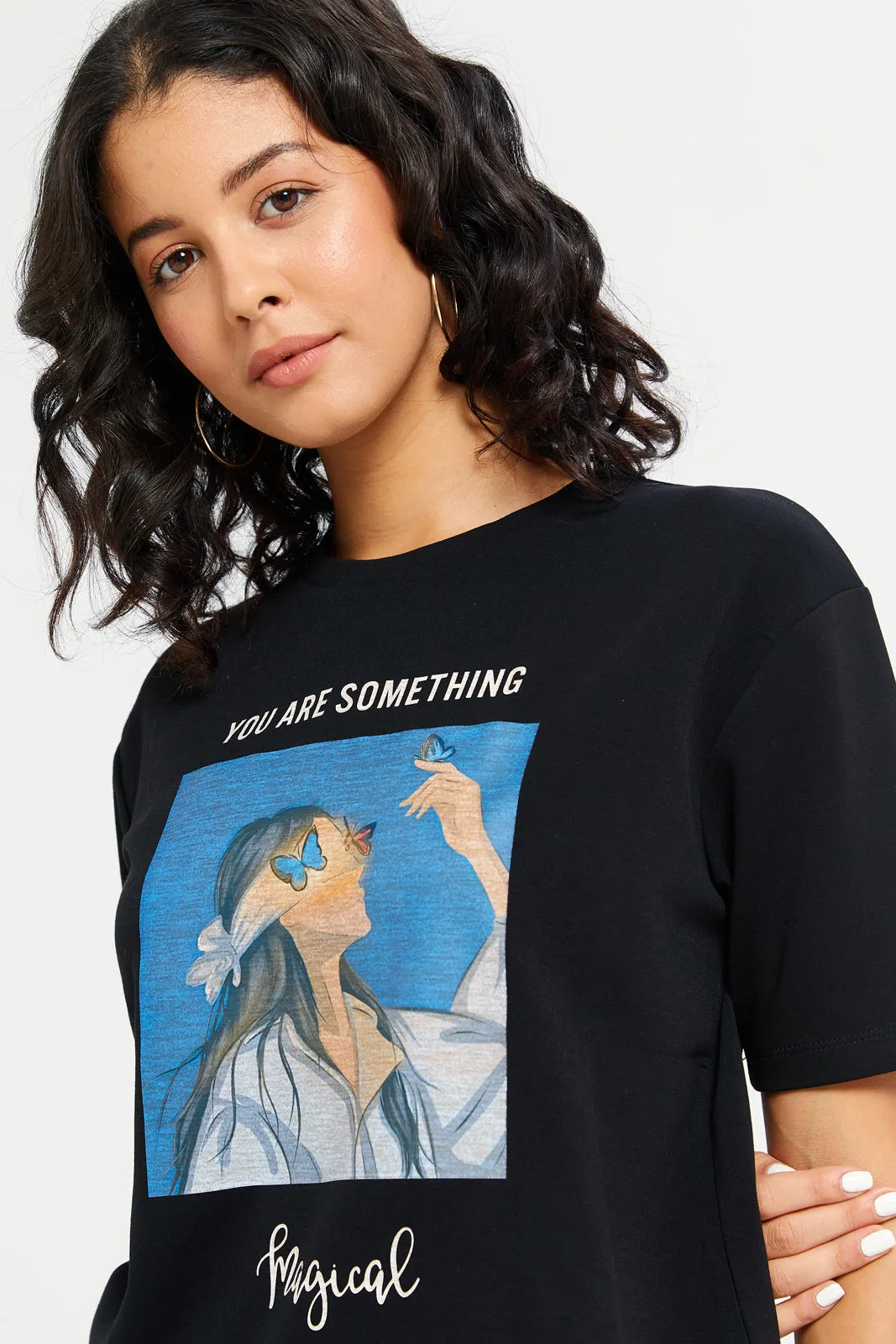 Women Black Embellished T-Shirt