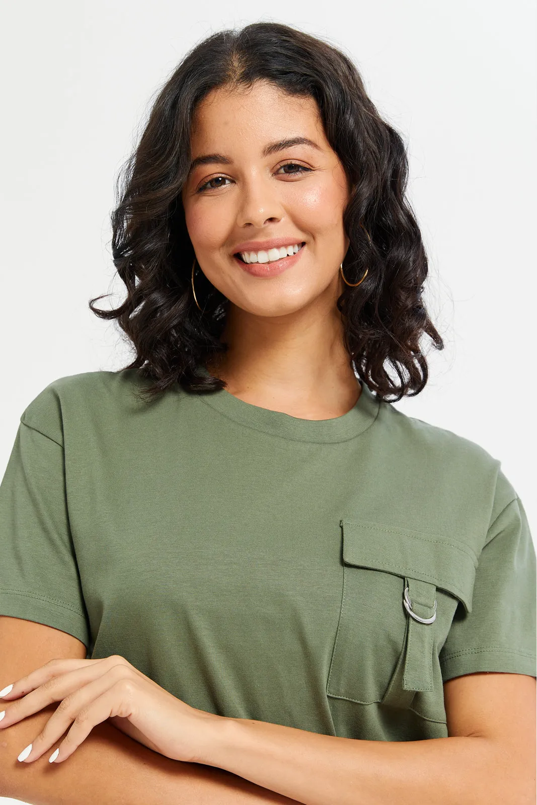 Women Olive Boxy With Pocket T-Shirt