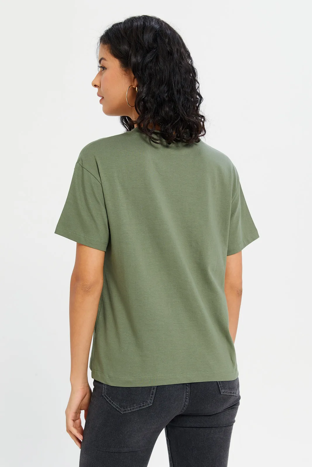 Women Olive Boxy With Pocket T-Shirt