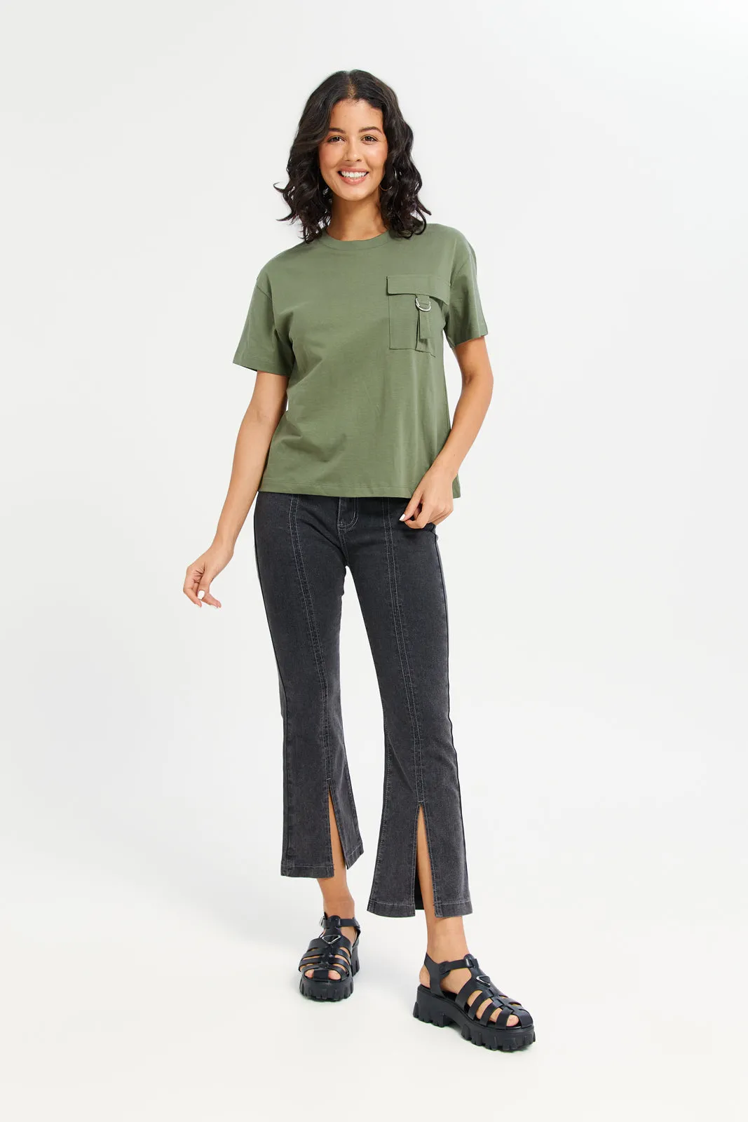 Women Olive Boxy With Pocket T-Shirt